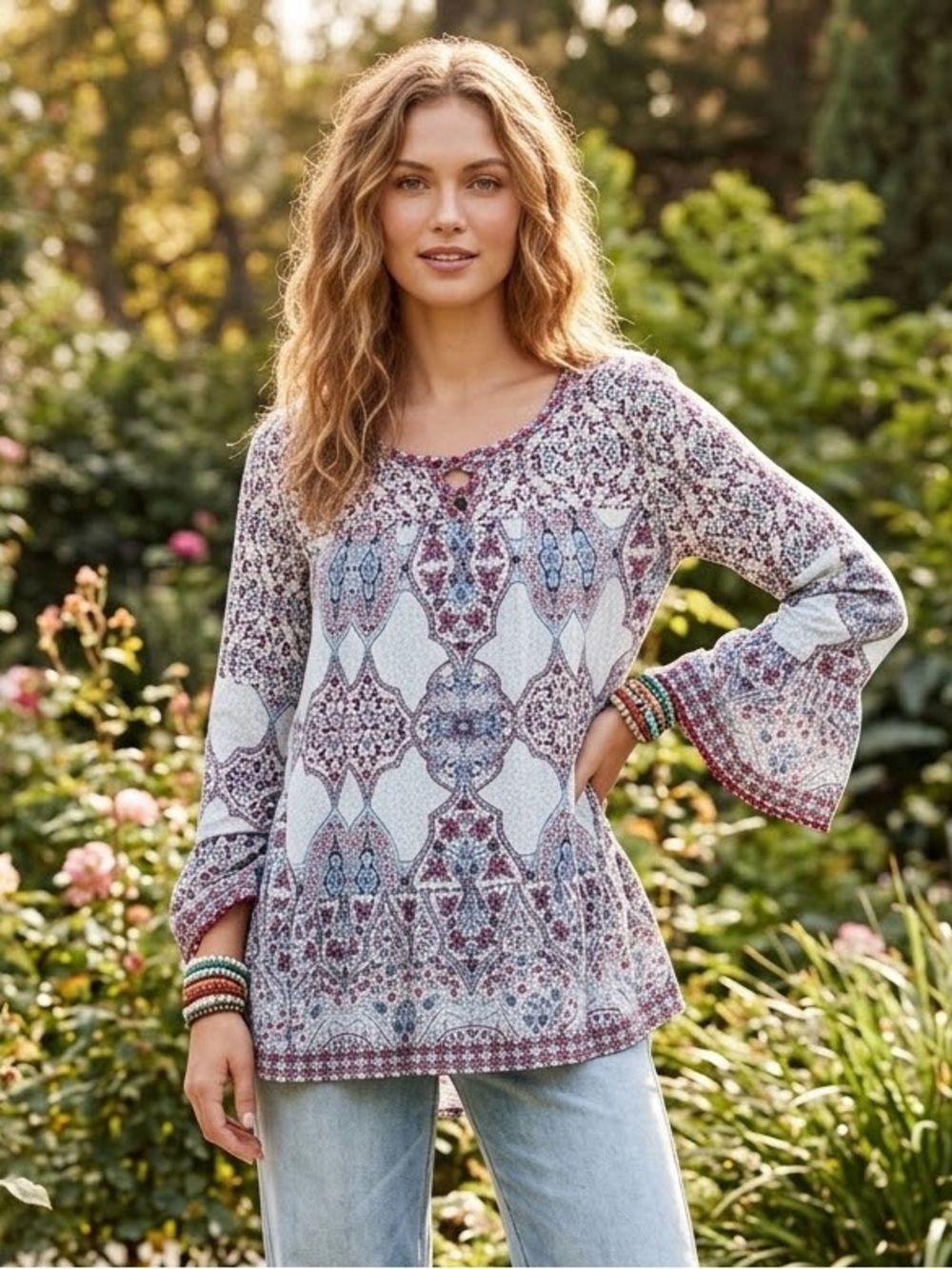 Style & Co. White Multi Printed Peasant Tunic